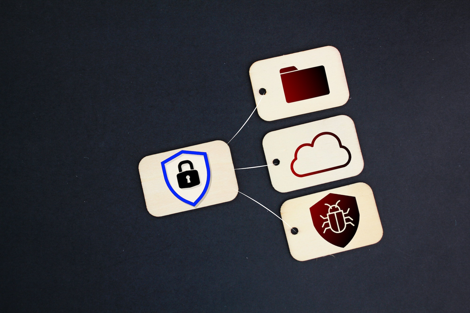 Tag wood with icons of security, antivirus, cloud and folder.